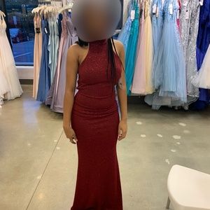 Wine glitter stretch crepe trumpet open back dress